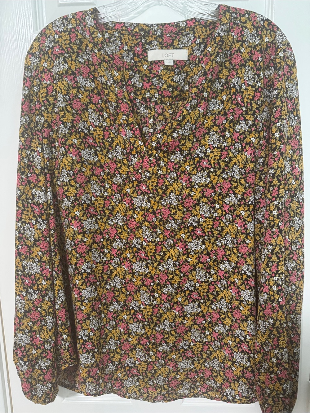 LOFT Black Floral V-Neck Long Sleeve Blouse with Pink and Mustard Accents